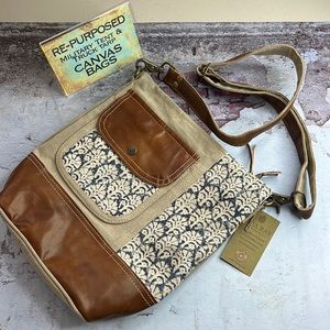 🆕Clea Ray Repurposed Canvas Crossbody Shoulder Bag Leather Trim Floral Design